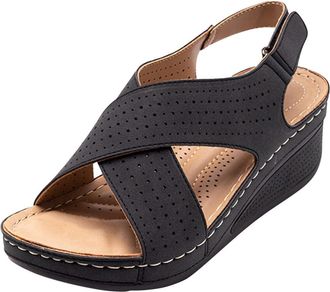 Generic Women Wedge Slingback Sandals Wide Fit Platform Hook Loop Fastening Arch Support Side Hollow Belt Buckle Roman Casual Stylish Slides Slippers for Summ