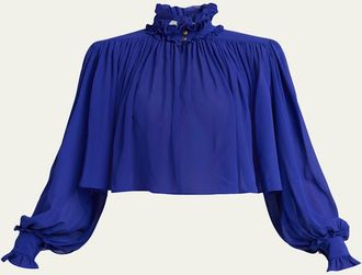 Chlo&eacute; Ruffle Collar Organic Silk Georgette Crop Blouse
