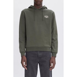 A.P.C. Rue Madame Embroidered Stretch Cotton Hoodie in Tjk Military Kaki/ecru at Nordstrom, Size Xxx-Large
