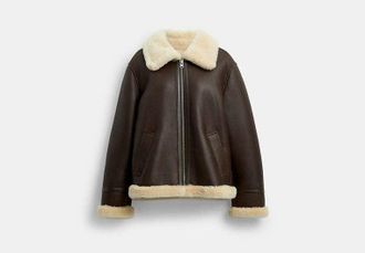Coach Womens Aviator Shearling Jacket in Brown, Size X-Small
