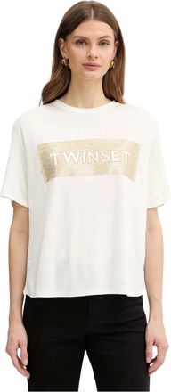Twinset Tops, Dames, Beige, S, Pailletten, T-shirt met logo en pailletten