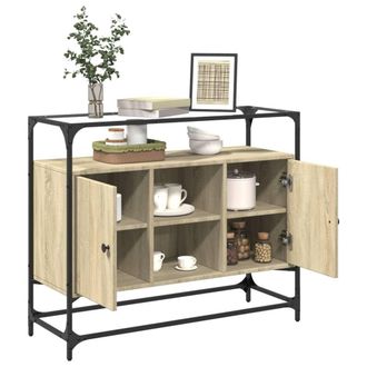 Berkfield Home Sideboard with Glass Top Sonoma Oak 98x35x81 cm Engineered Wood in Light Tan | Size: 98 x 35 x 81 cm