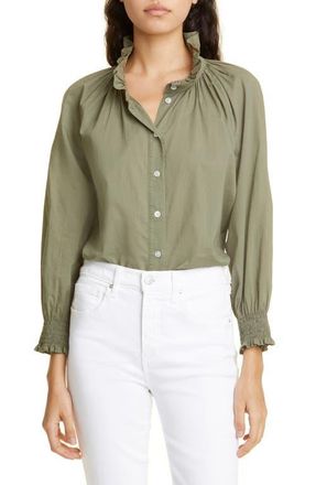Veronica Beard Calisto Ruffle Collar Cotton Button-Up Shirt in Bright Army at Nordstrom, Size Large