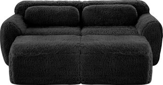STILVORA Sof&aacute; Modular 2 Plazas En Tela Aterciopelada Con 2 Taburetes, Base Antideslizante, Sin Montaje, Asiento Amplio, Negro