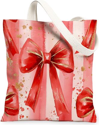 Generic Christmas Ribbon Canvas Tote Bags, Festive Bow Pattern Reusable Shopping Bags, Holiday Chic Lightweight Washable Shoulder Strap Canvas for Travel Outd