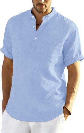Generic Linen Shirts Men Short Sleeve Summer Beach Hawaiian Shirts With Pockets Fashion Grandad Collar Collarless Henley Tshirts Men Uk Button V Neck Cotton L