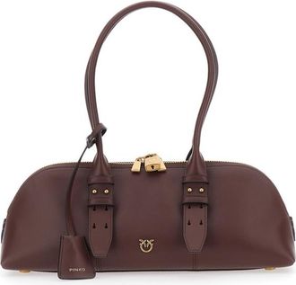 Pinko Bowling Bag Horizontal Big Brown Handbag With Adjustable And Removable Shoulder Strap And Padlock Detail In Leather Woman