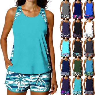 Generic Tankini Sets for Women 2 Piece Swimming Costume Athletic Bathing Suits Hawaiian Tropical Print Modest Swimwear Loose Fit Tank Top with Swim Shorts Pad