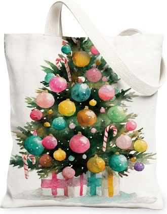 Generic Christmas Tree Canvas Tote Bags, Colorful Holiday Ornament Design Reusable Shopping Bags, Festive Eco-Friendly Lightweight Washable Canvas for Gifts T