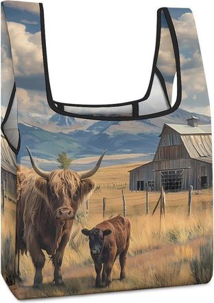 Generic Highland Cattle Highland Cow Print Shopping Bag Reusable Grocery Tote Bag Foldable Handbag for Travel Picnic
