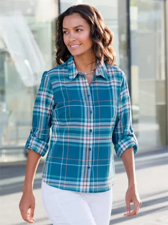 Casual Looks Karobluse CASUAL LOOKS, Damen, Gr. 46, beige (topas, ecru, kariert), 100% Baumwolle, gemustert, kariert, mehrfarbig, Blusen Karobluse