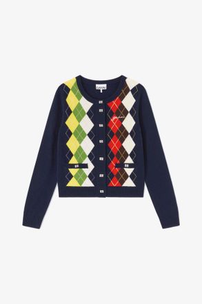 Ganni Navy Argyle Print Cardigan - Size XXS Wool