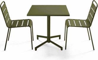 Oviala Conjunto de mesa y 2 sillas de jard&iacute;n de metal de 70 cm verde caqui