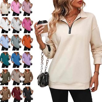 Generic Zovawear Womens Zip-Up Dropped Shoulder Sweatshirt, Baweilder Zip up Drop Shoulder Sweatshirt with Pockets for Women (Apricot,M)