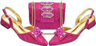 Generic Womens Shoe and Bag Set Sparkly Rhinestone Large Crystal Decoration Pointed Toe Low Heels Sandals Matching Handbag Fuchsia