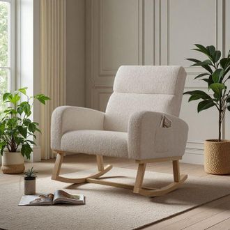 OEM Sill&oacute;n Mecedora - Sill&oacute;n Escandinavo - Terciopelo Teddy Beige - Patas De Madera Maciza - Almacenamiento Lateral