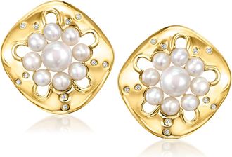 Ross-Simons 4-7.5mm Cultured Pearl and. White Topaz Earrings in 18kt Gold Over Sterling