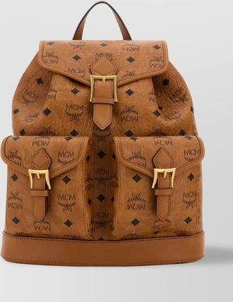 MCM canvas backpack with leather trim and front pockets