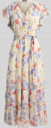 Lauren Ralph Lauren Tailliertes Midikleid mit Volants in Ecru, Gr&ouml;&szlig;e 34