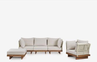 Sklum Sklum - Conjunto De Jard&iacute;n Con Sof&aacute; Modular De 3 Piezas Con 2 Sillones Esquineros, Sill&oacute;n Y Puff En Madera De Acacia Dailin