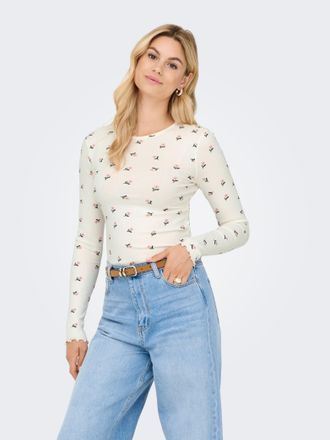 Only Langarmshirt ONLY ONLINA L/S O-NECK TOP JRS, Damen, Gr. L, cloud dancer aop:days flower keepsake lila, Jersey, Obermaterial: 95% Baumwolle, 5% Elastha