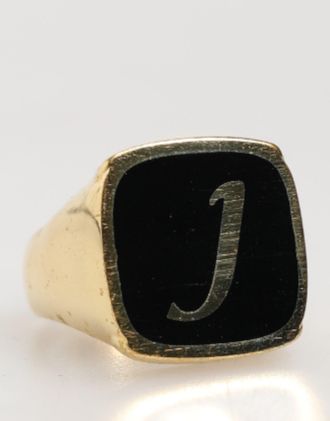 Dolce & Gabbana Mens Gold-Tone Real Brass Black Enamel J Adjustable Rings Gold