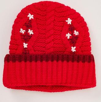 Damson Madder Floral Stitch Cable-Knit Wool Beanie