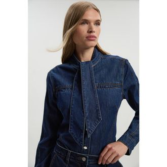 Karen Millen Denim Pussybow Blouse in Mid Blue at Nordstrom, Size 10