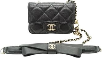 Chanel Pre-owned Lamsleer Matelass&eacute; Ribbon Mini Ketting Convertible Schoudertas - Dames - Vintage Heuptassen - Zwart - ONE Size - Leer - Vintage