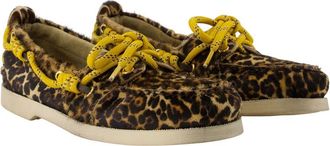 Golden Goose Womens Leopard-Print Calf Hair Boat Shoe Brown Cowhide Flats