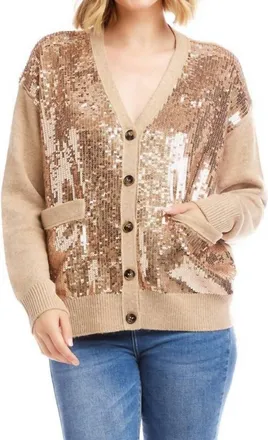Karen Kane Sequin Cardigan Sweater In Dark Oatmeal