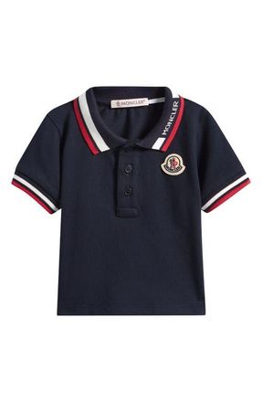Moncler Kids Tipped Logo Patch Stretch Cotton Piqu&eacute; Polo in Navy Blue at Nordstrom, Size 18-24M
