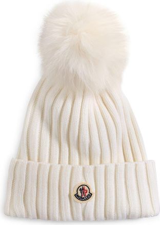 Moncler Virgin Wool Rib Beanie with Faux Fur Pompom in Silk White at Nordstrom