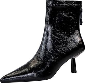 Generic High Heels Boots for Women 7CM Stiletto Pointed Toe Retro Zip Winter Shoes Fashion Toing Out Work Office Ankle Boot (Black,7.5)