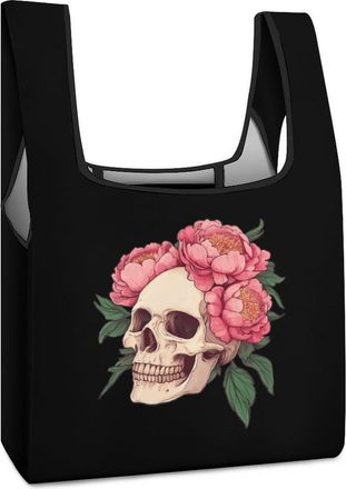 Generic Skull with Peonies Reusable Shopping Bags Lightweight Foldable Grocery Bag Polyester Washable Tote Bag
