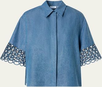 Akris Guipure Short-Sleeve Denim Button-Down Shirt
