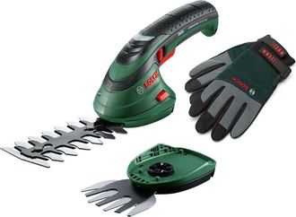Bosch Set forbici per erba a batteria Isio (3,6 Volt, lunghezza lama 12 cm, spessore di taglio 8 mm, con guanti da giardinaggio XL inclusi)