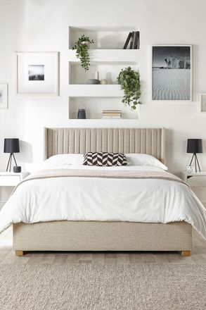 Catherine Lansfield Soho Ottoman Storage Wing Bed in Saxon Twill Fabric, Custom Made in Natural | Size: Single