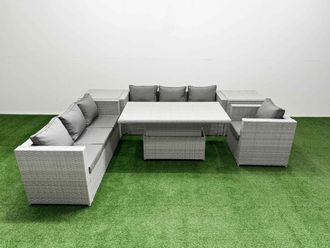 Fimous 6 PCs Rising Dining Table Set Rattan Furniture Set with 3 Seater Sofa in Light Grey