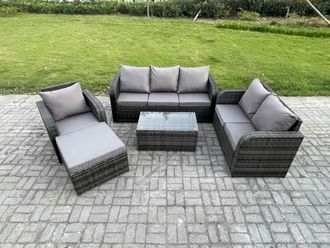 Fimous Patio Garden Furniture Sets Wicker 7 Seater Outdoor Rattan Furniture Sofa Sets with Rectangular Coffee Table Reclining Chair in Dark Grey