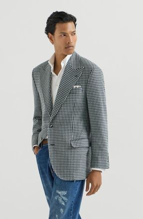 Brunello Cucinelli Cashmere macro houndstooth Tailor blazer with peak lapels and metal buttons in Navy Blue at Nordstrom, Size 50 It