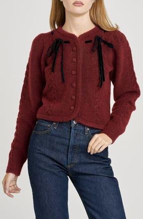 Wayf x Sara Walker Jackie Velvet Bow Cable Stitch Cardigan in Bordeaux at Nordstrom Rack, Size X-Small