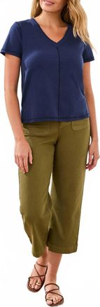 Tribal Short Sleeve V Neck Top With Rib Combo In 3068-Jet Blue