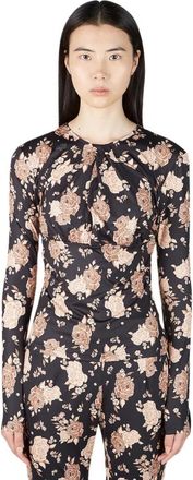 Rokh Bloemenprint Jersey Top met Avant-Garde Stijl - Dames - Longsleeves - Zwart - M - Polyester - Tops