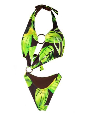 Louisa Ballou leaf-print halterneck swimsuit - Green