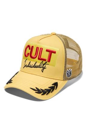 Cult of Individuality Racing Logo Trucker Hat in Yellow Gold at Nordstrom