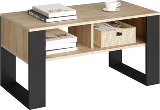 Woltu Mesa De Centro Con 2 Compartimentos Abiertos - Mesa De Centro Roble Claro + Negro, 90x45x45cm - Woltu