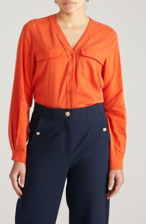 Universal Standard Cooling V-Neck Button-Up Shirt in Orange Flame at Nordstrom, Size 4Xl