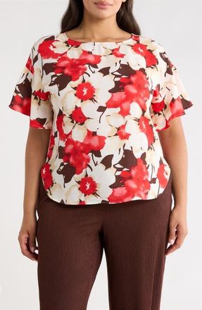 Anne Klein Floral Print Flutter Sleeve Top in White Dove Multi at Nordstrom, Size 3 X