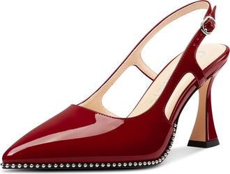 Castamere Womens Slingback Chunky High Heels Close Pointed Toe Dressy Pumps Wedding Party Shoes 9 CM Heels Burgundy Red 6.5 UK